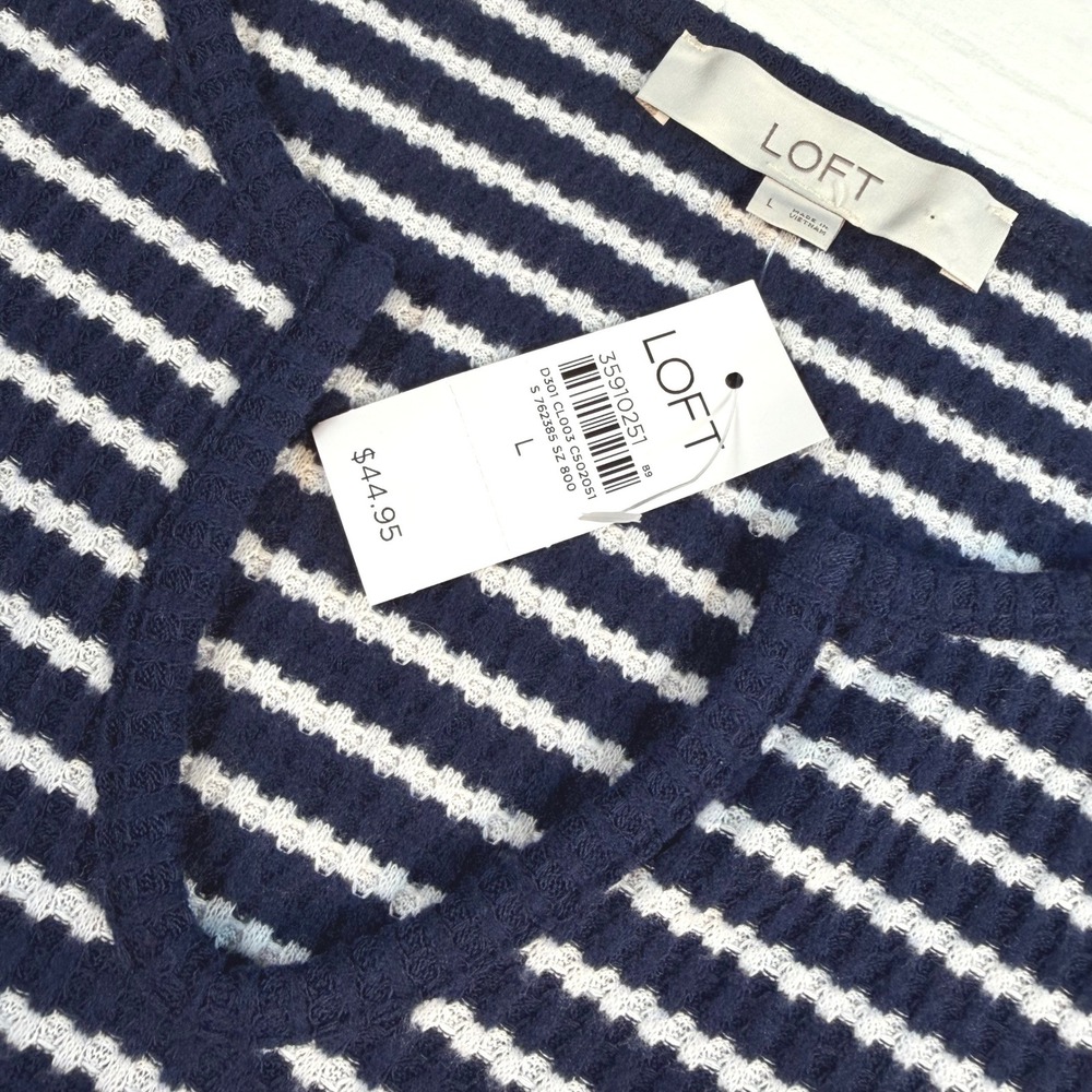 Loft Waffle Knit Top Womens L Navy Blue White Striped Long Sleeve Casual NWT - Picture 2 of 9